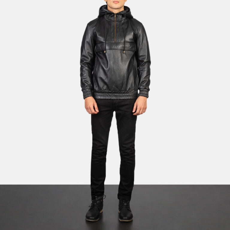 Mens Kenton Hooded Black Leather Pullover Jacket Full Length-2-1634134535312